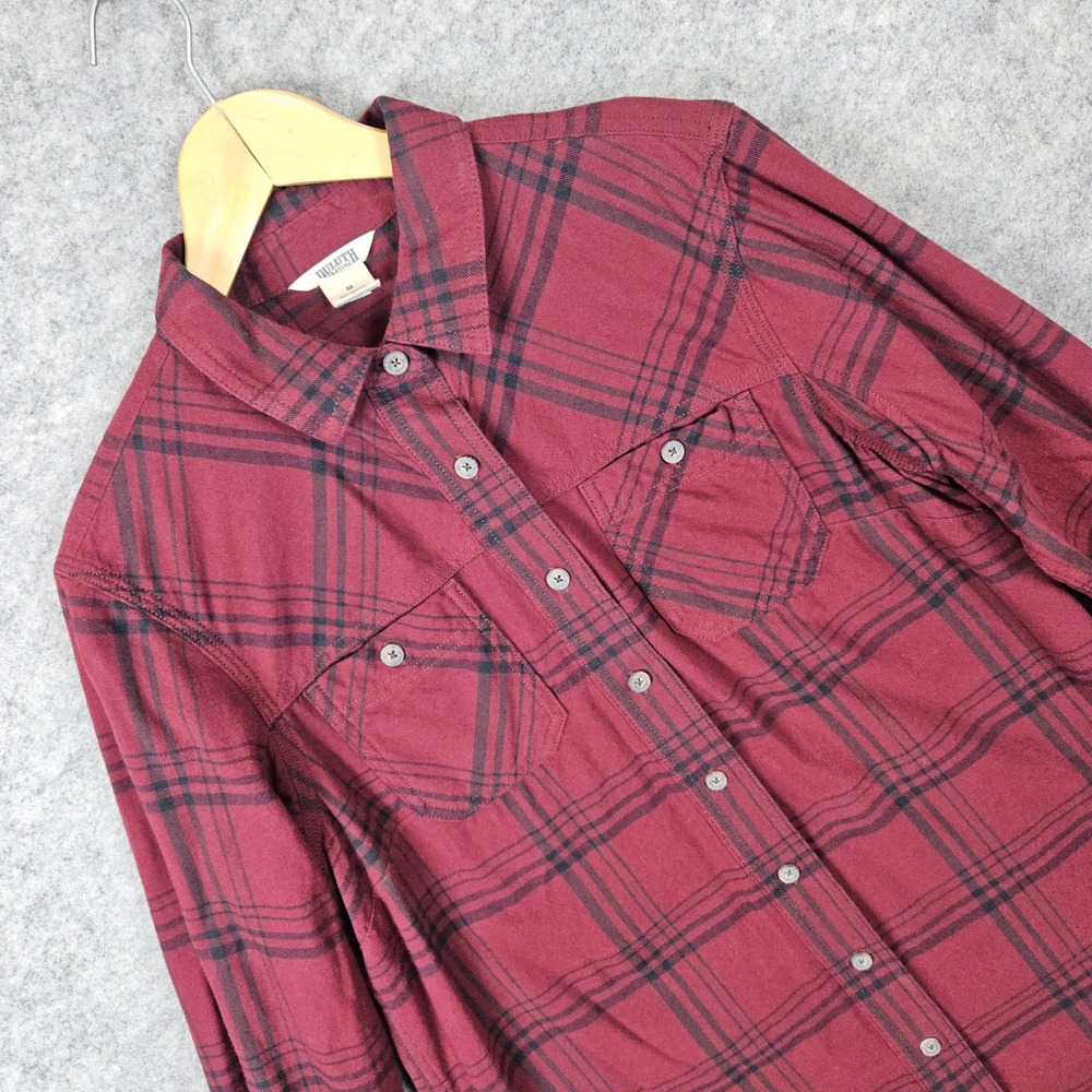 Duluth Trading Women's Red Plaid Button Up Shirt Size M Flannel Roll Tab Sleeves - Picture 1 of 11